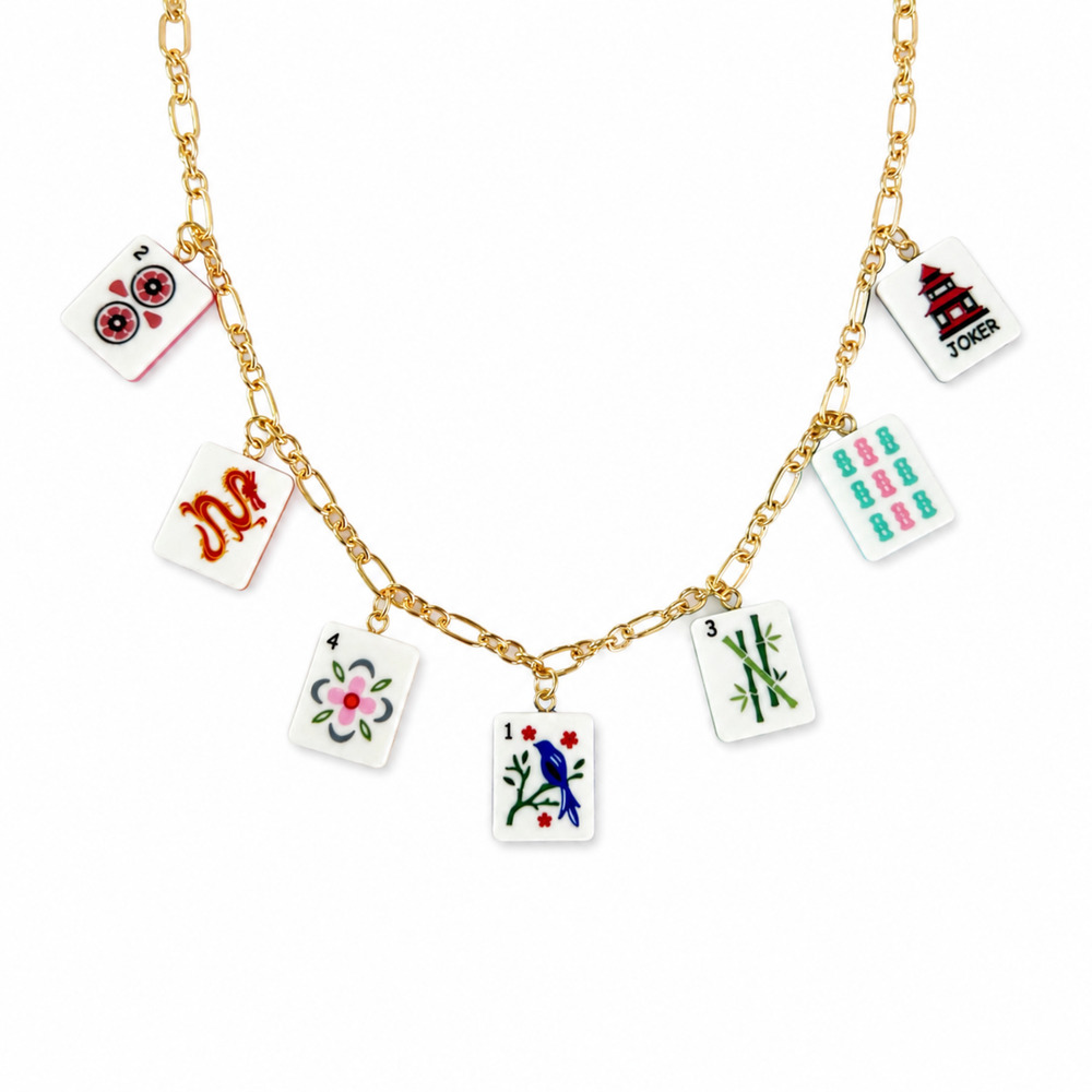 Mahjong Multi Tile Charm Necklace | 7 Tile Charms | Gold